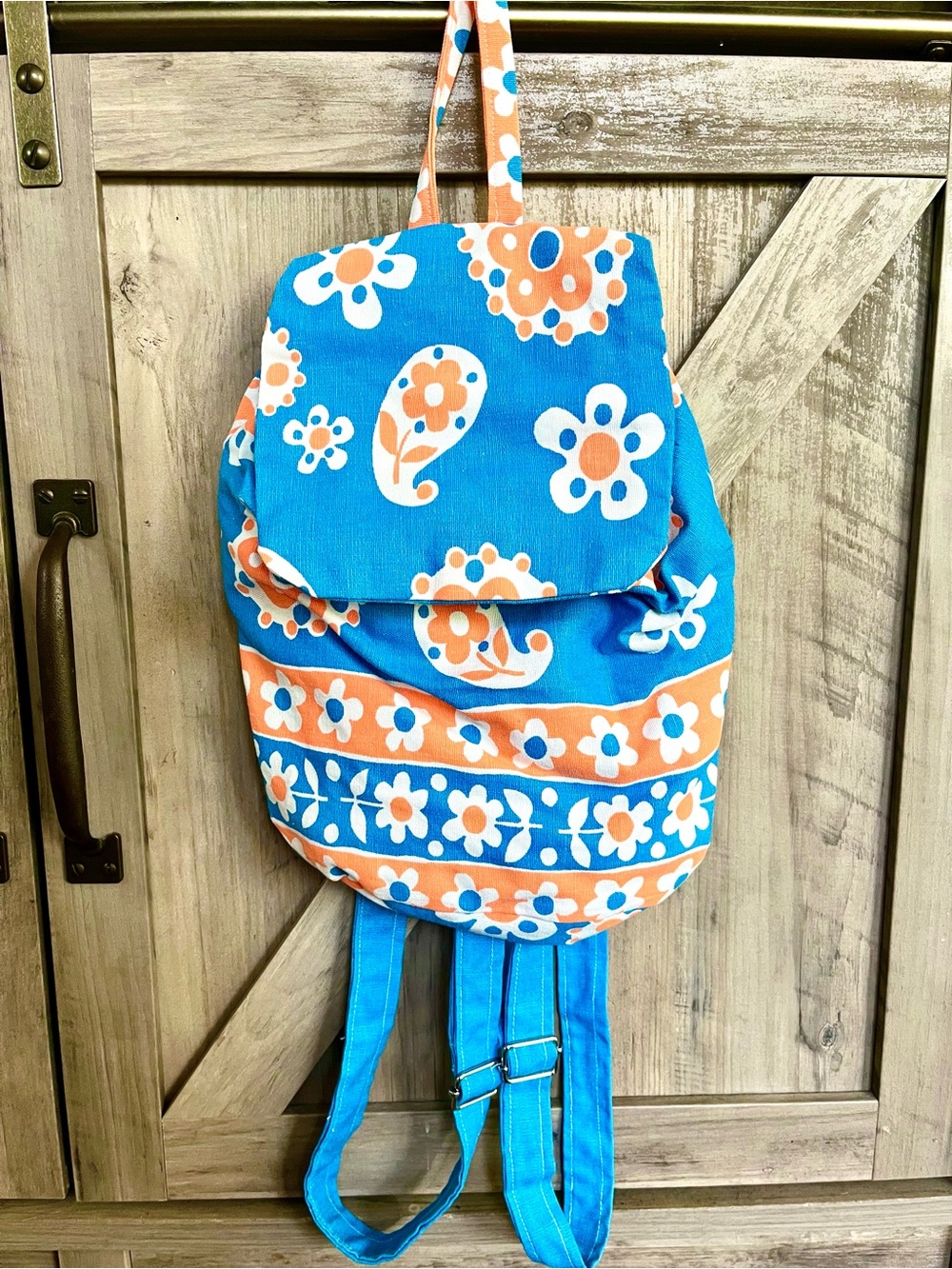 Fabric Backpack Handmade Bag Blue Orange Floral Adjustable Straps Women’s